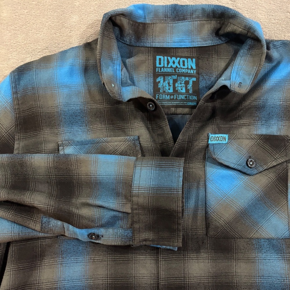 Dixxon Flannel Co 10th Anniversary GT Blue Black Plaid Shirt XL Tall Mens